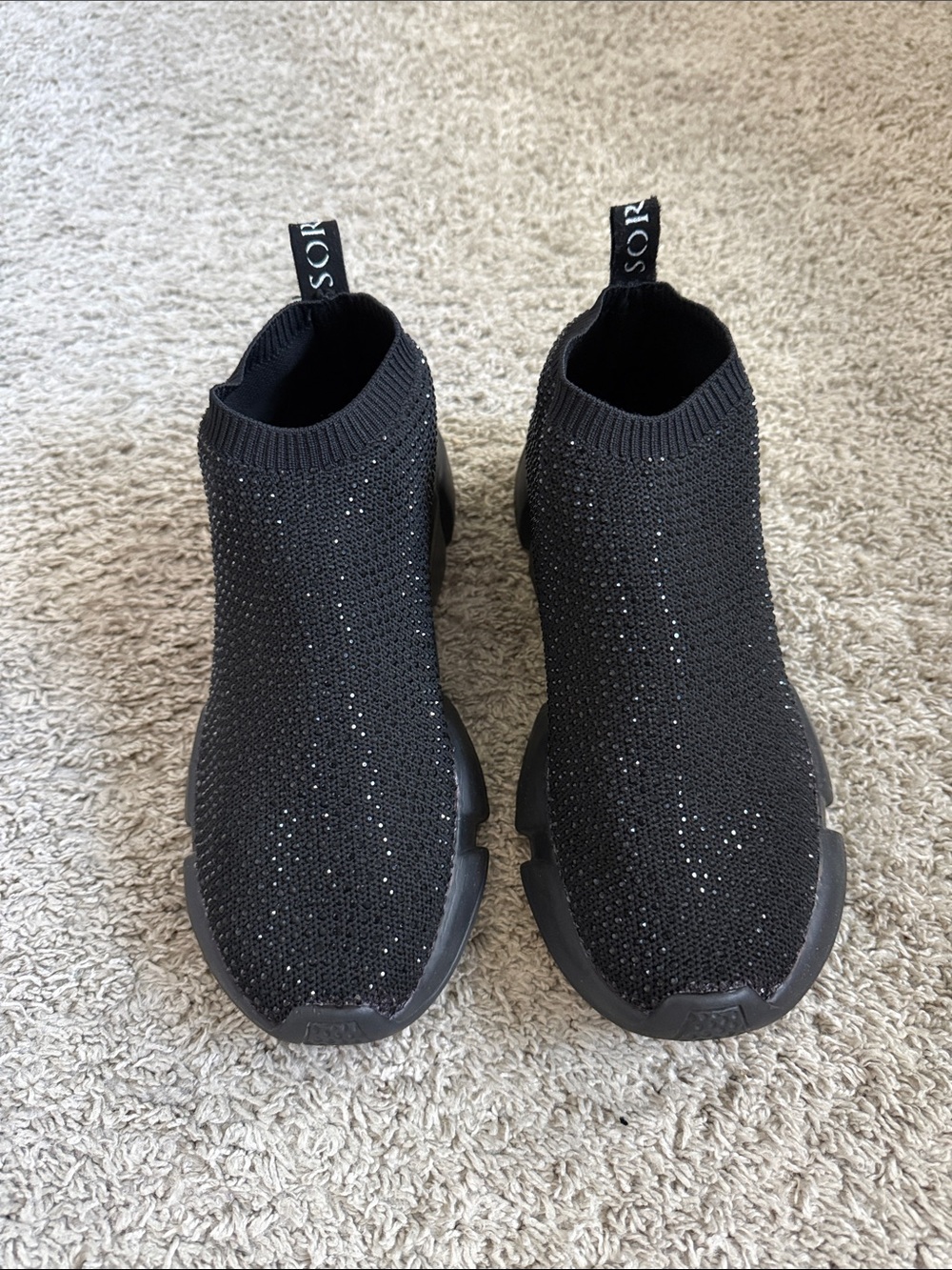 SO REAL Black Knit Slip-On Sneakers with Black Rhinestones